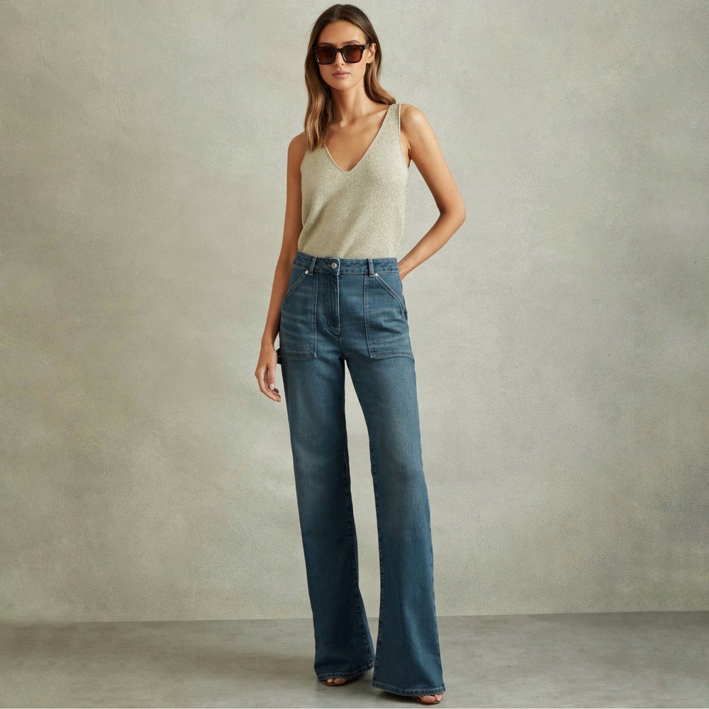 Reiss | Delilah Mid Rise Flared Utility Jeans in Mid Blue Wide Leg Cotton Blend